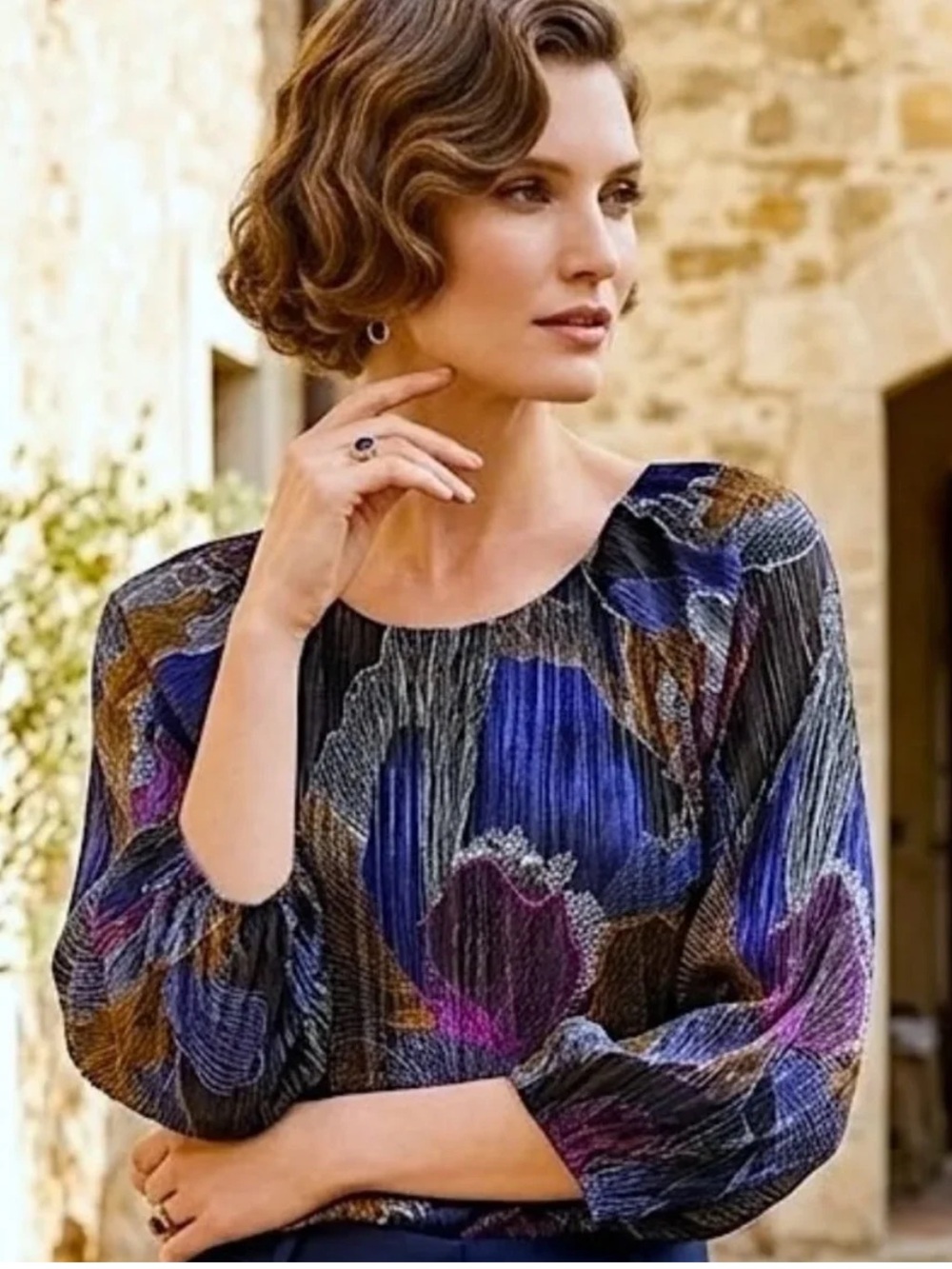 Chico's Black Pleated Blouse with Blue, Purple & Gold Floral Accents, size 1